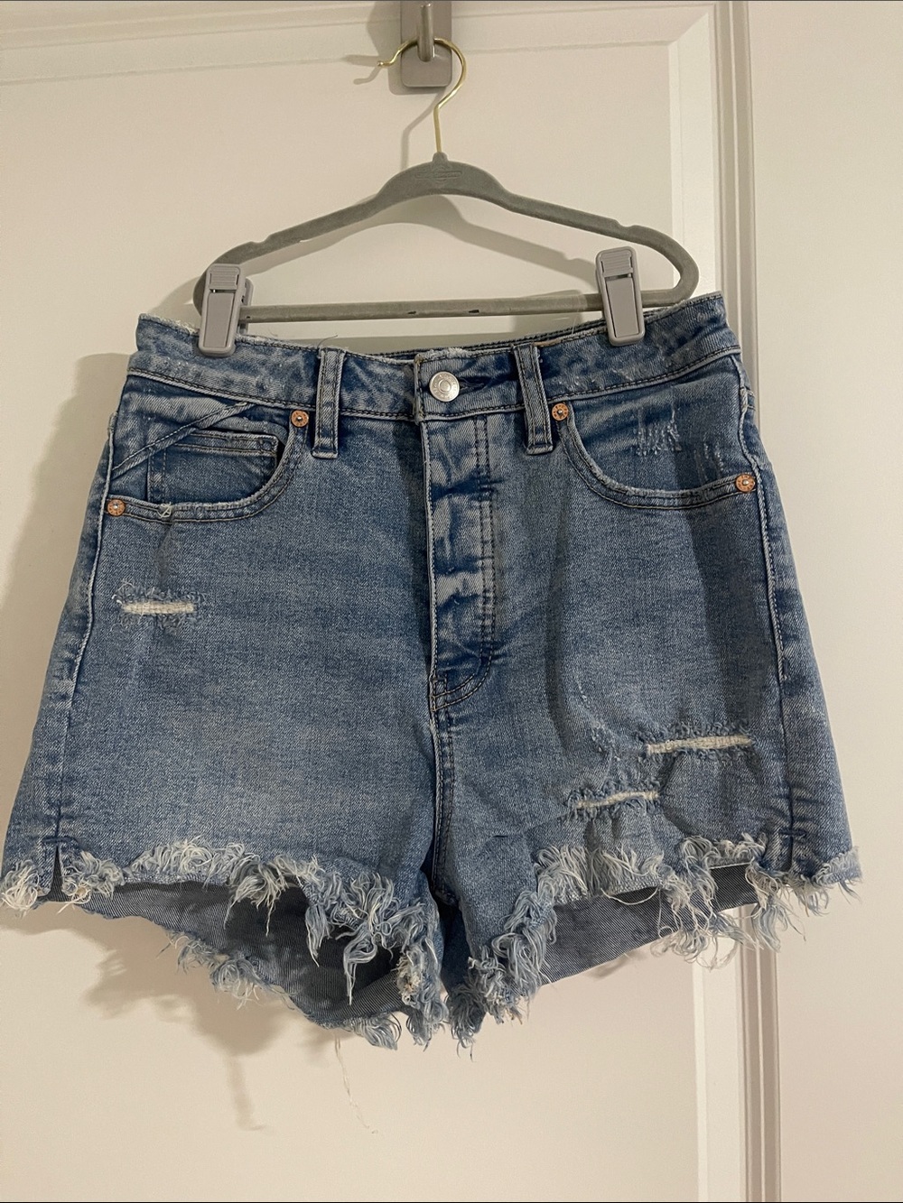 We The Free Light Blue High-Rise Distressed Denim Shorts